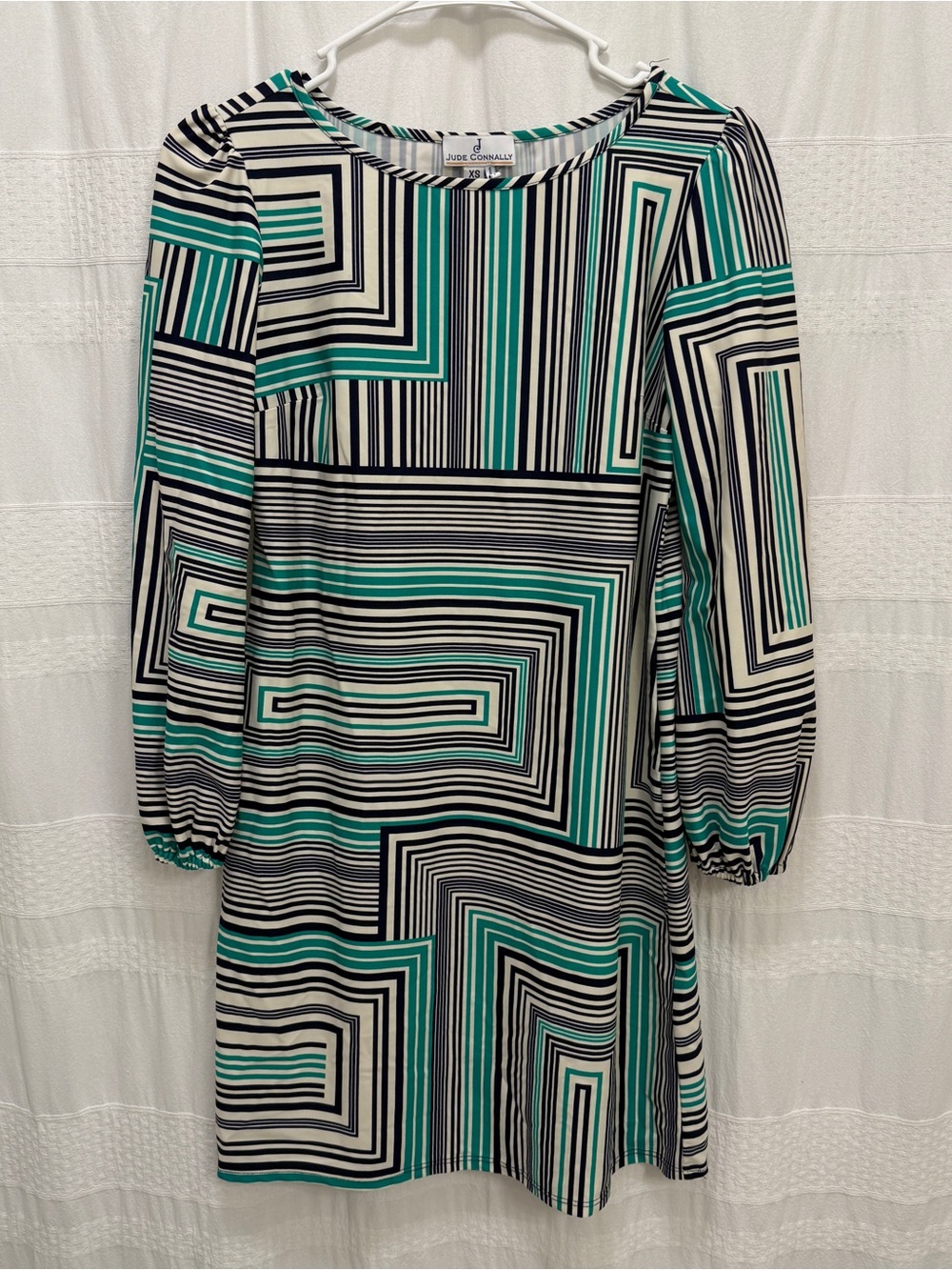 Jude Connally Geometric Long Sleeve Dress Women’s XS Black Teal Y2K Made in USA